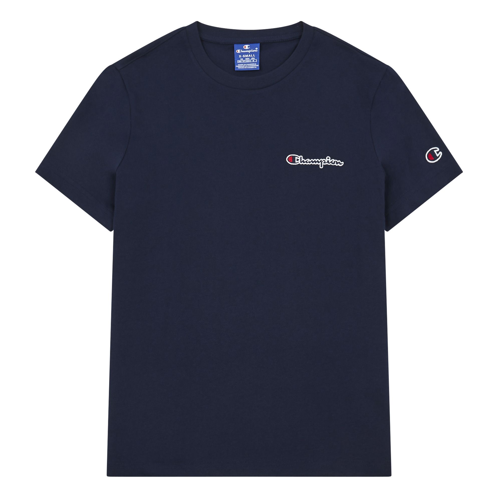 navy blue and white champion shirt