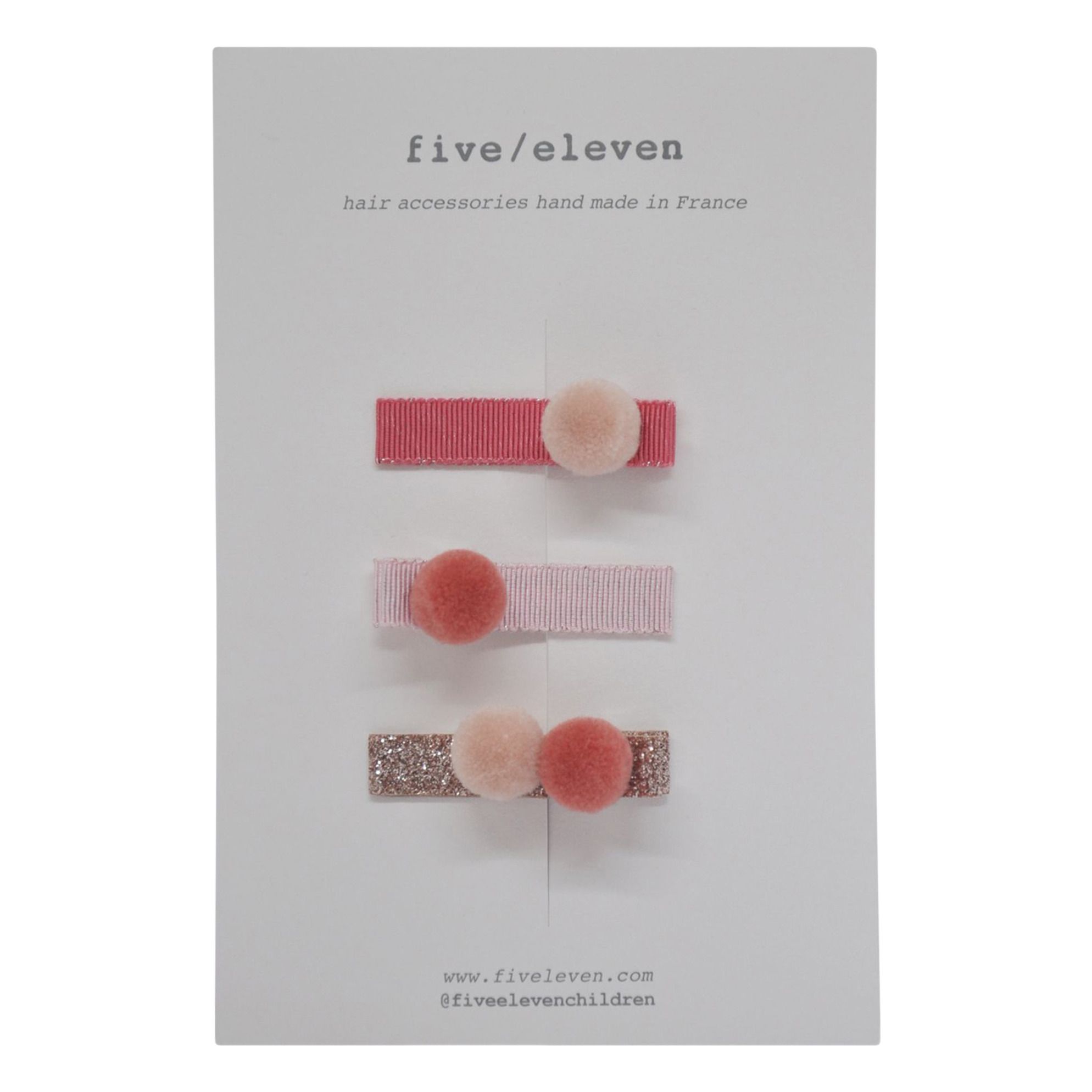 Five / Eleven - Set 3 Barrettes Clips Pompons - Fille - Rose