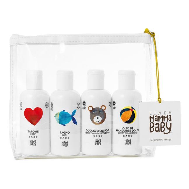 Pochette savon, bain, gel douche & shampoing, huile bébé
