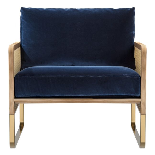 Canework Loungechair - Natural structure, velvet fabric Navy blue