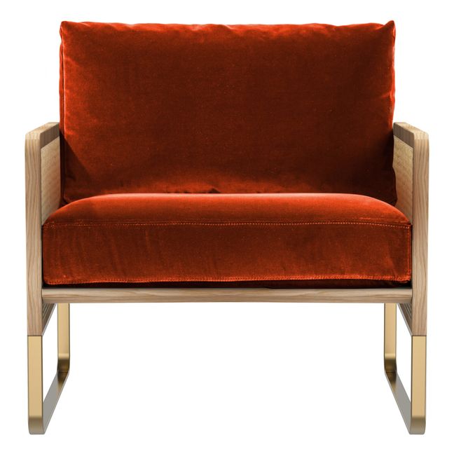 Canework Loungechair - Natural structure, velvet fabric Red