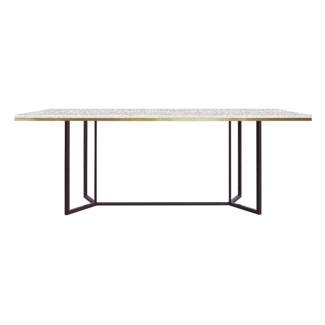 Table Terrazzo, plateau en bois cerclé de laiton, pieds en acier Blanc