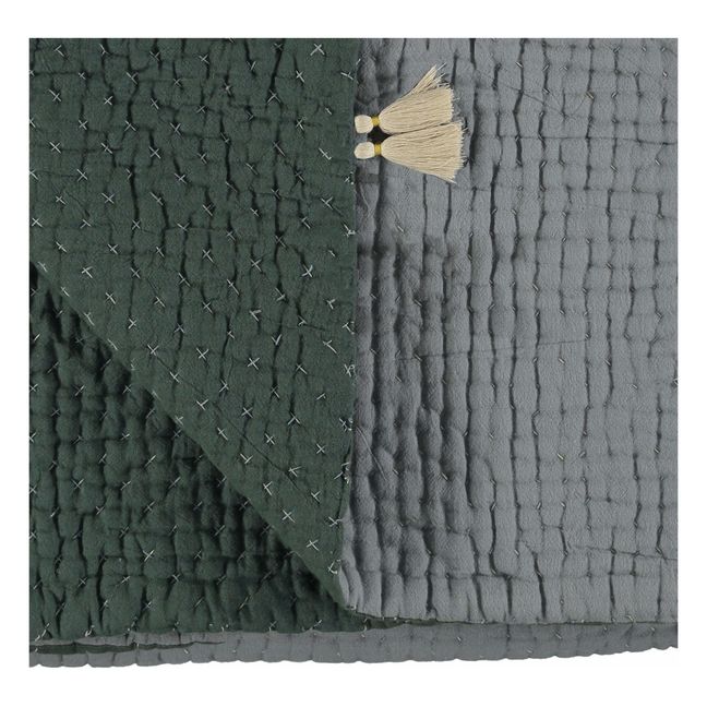 Couverture réversible en coton | Dark Green/Blue Grey