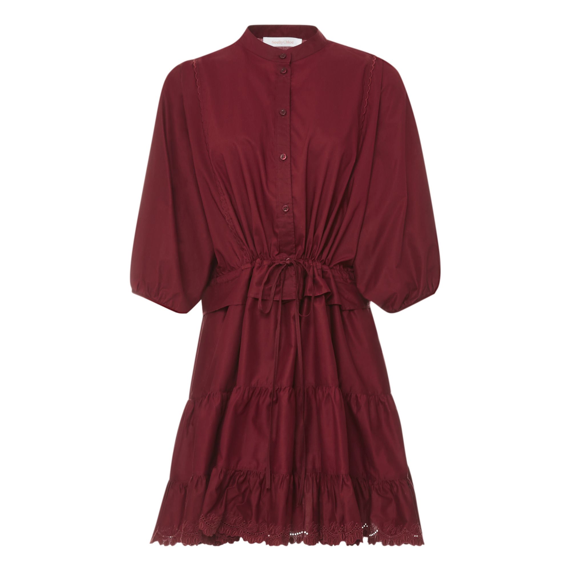 See by Chloé - Robe Popeline de Coton et Dentelle - Femme - Bordeaux