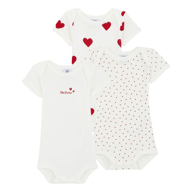 Set of 3 Organic Cotton Heart Playsuits | Red