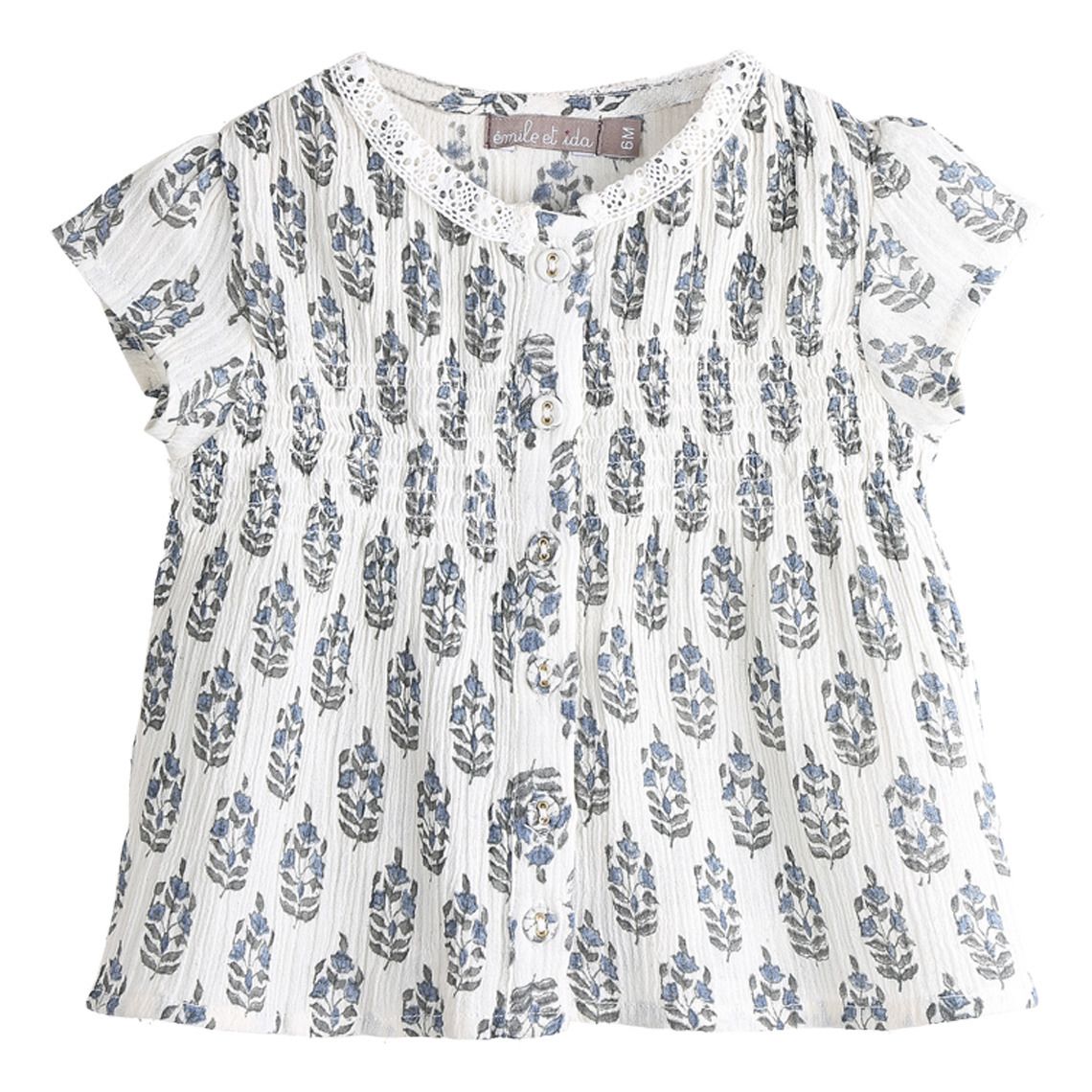 Emile et Ida - Blouse Crépon Feuilles Col Dentelle - Fille - Ecru