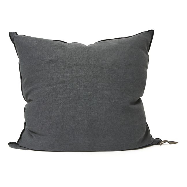 Cuscino fronte retro black line in lino lavato stone washed | Nero carbone
