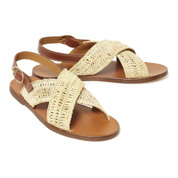 Vanessa Bruno Raphia and Leather Crossed Sandals Natural