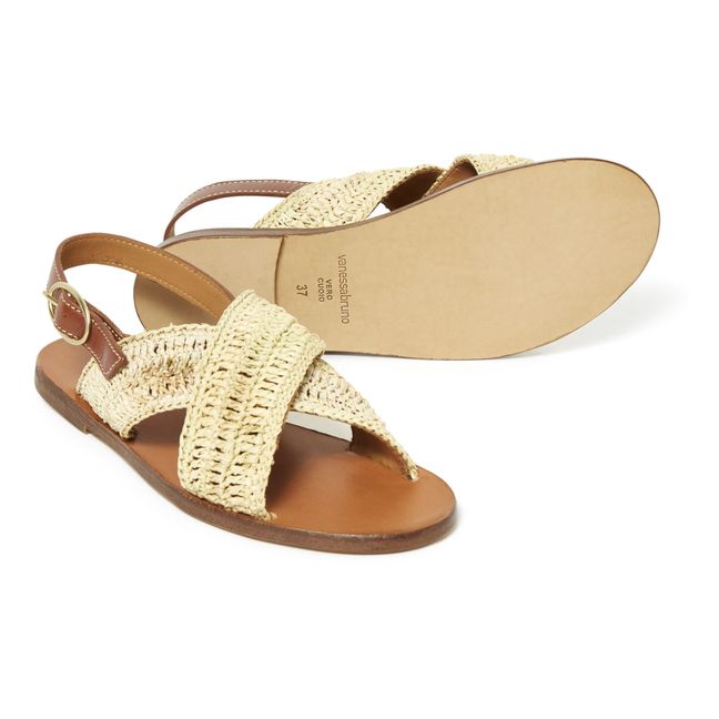 Raphia and Leather Crossed Sandals  | Natural