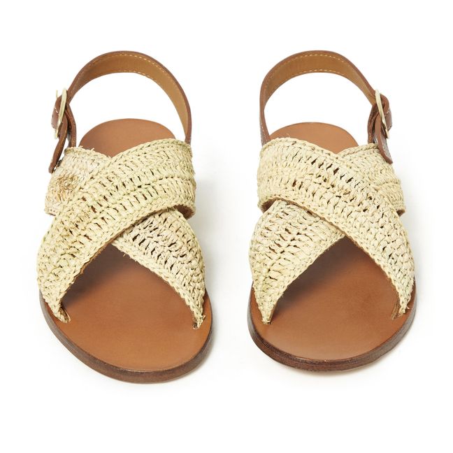 Raphia and Leather Crossed Sandals  | Natural