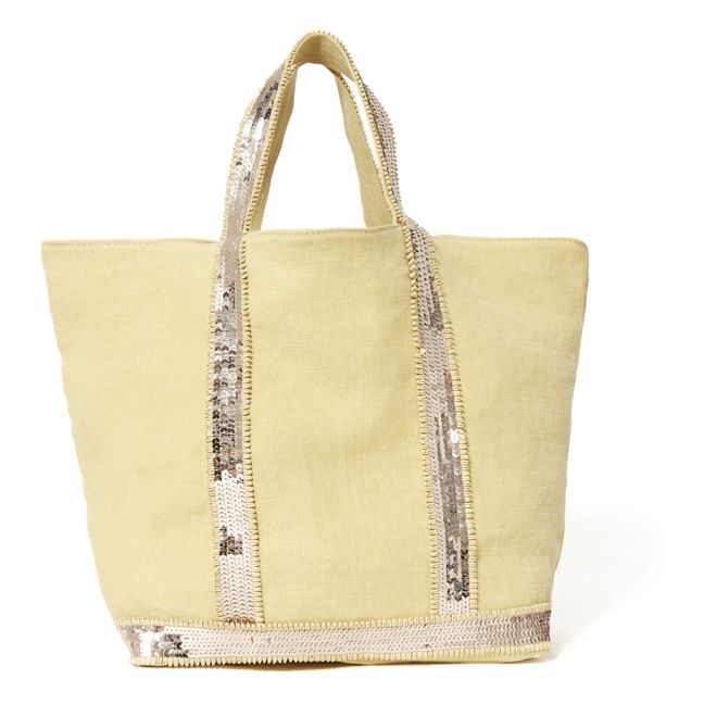 Medium Linen Tote with Sequins and Braided Raphia Yellow