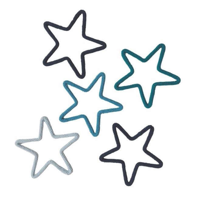 Wanddekoration gestrickt - Mond und Sterne - 5er-Set | Pfauenblau