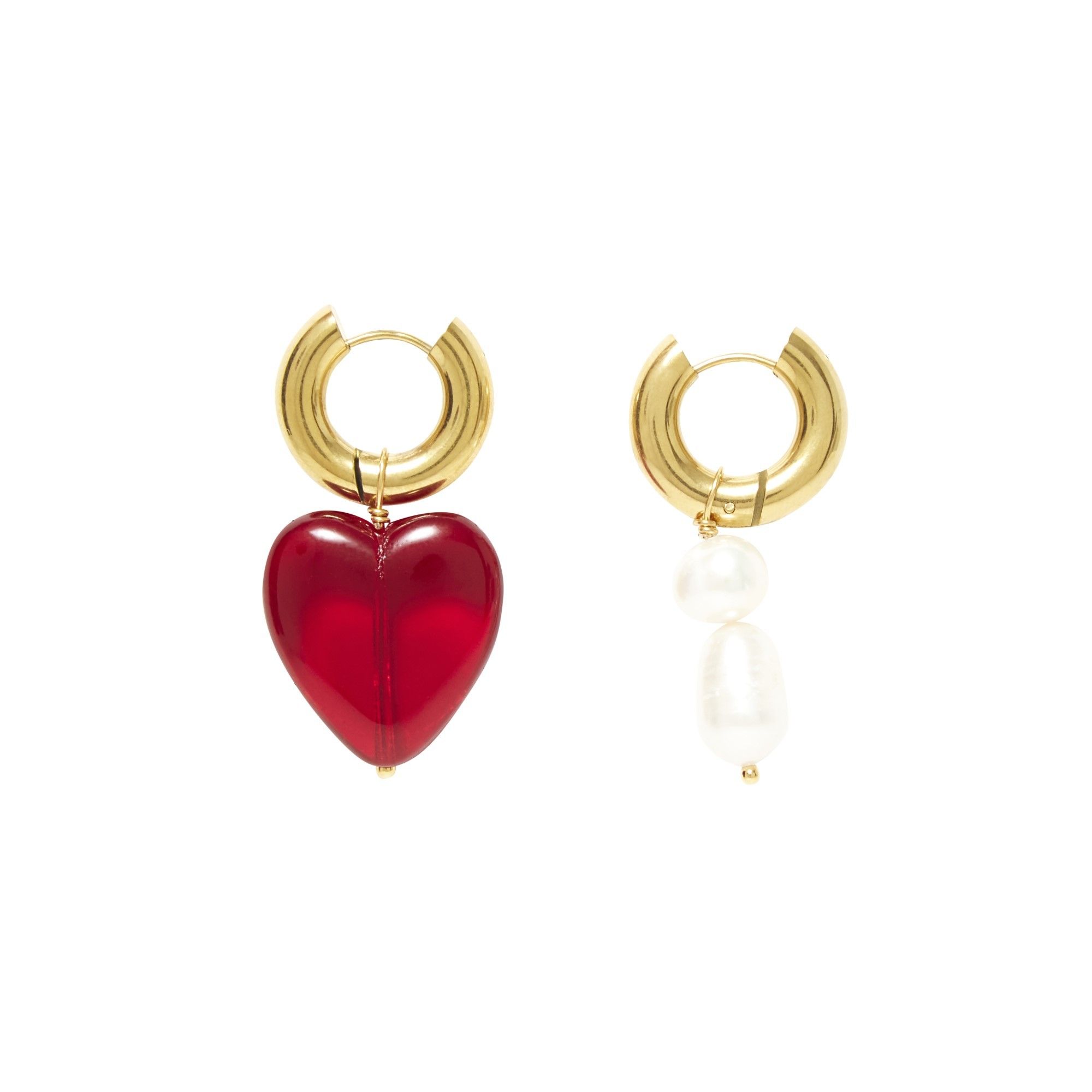 Timeless Pearly - Boucles d'Oreilles Dépareillées en Plaqué Or 24 ct Perles et CÅ“ur - Femme - Rouge