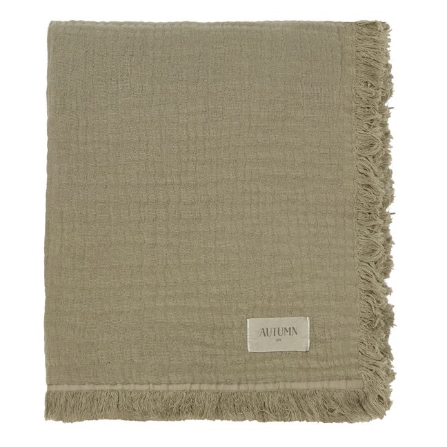 Plaid Loulou con frange, in doppia garza di cotone bio | Verde militare