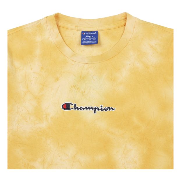 yellow and white champion shirt