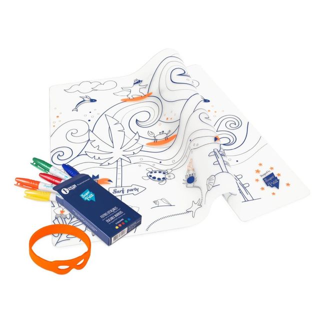 Set de table à colorier avec 5 feutres et bracelet Surf Party