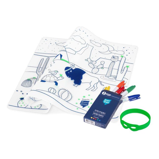 Set  de mesa para colorear con 5 rotuladores y pulsera El desierto del cactus verde