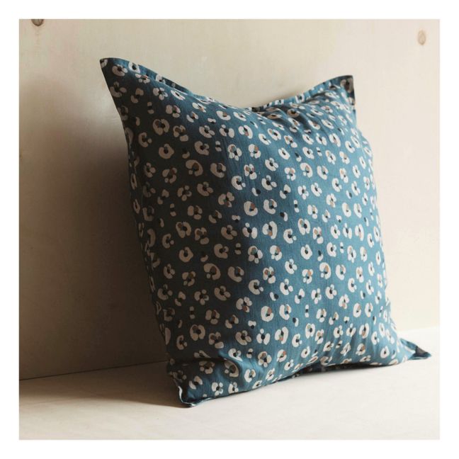 Funda de almohada en lino lavado estampado Léo Azul Pato