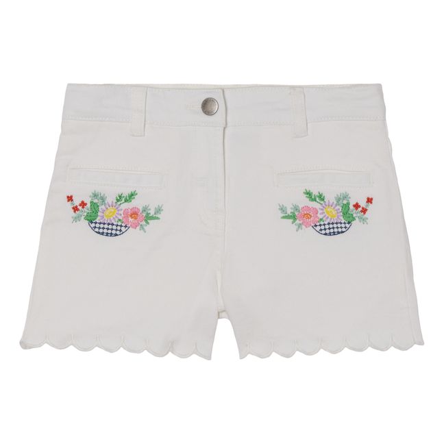 Denim Organic Cotton Embroidered Flower Shorts  White