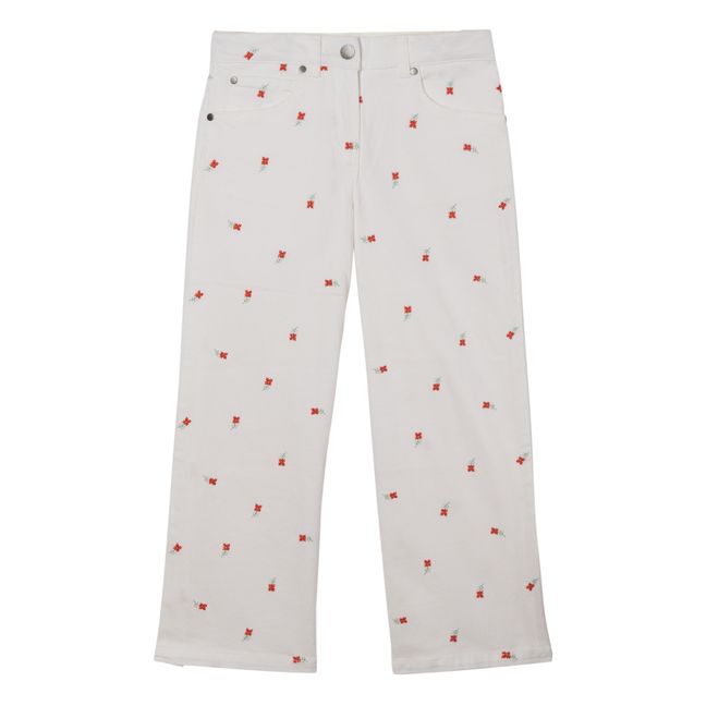 Organic Cotton Embroidered Flower Straight Jeans White