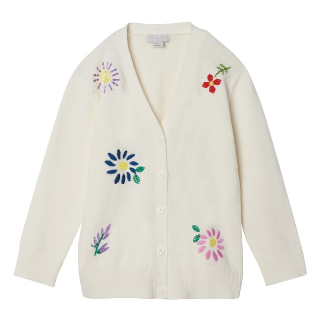 Oversize Organic Cotton Embroidered Flower Cardigan  Ecru