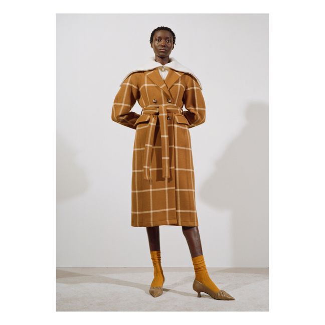 Dalia Recycled Wool and Cashmere Checked Coat  Caramel