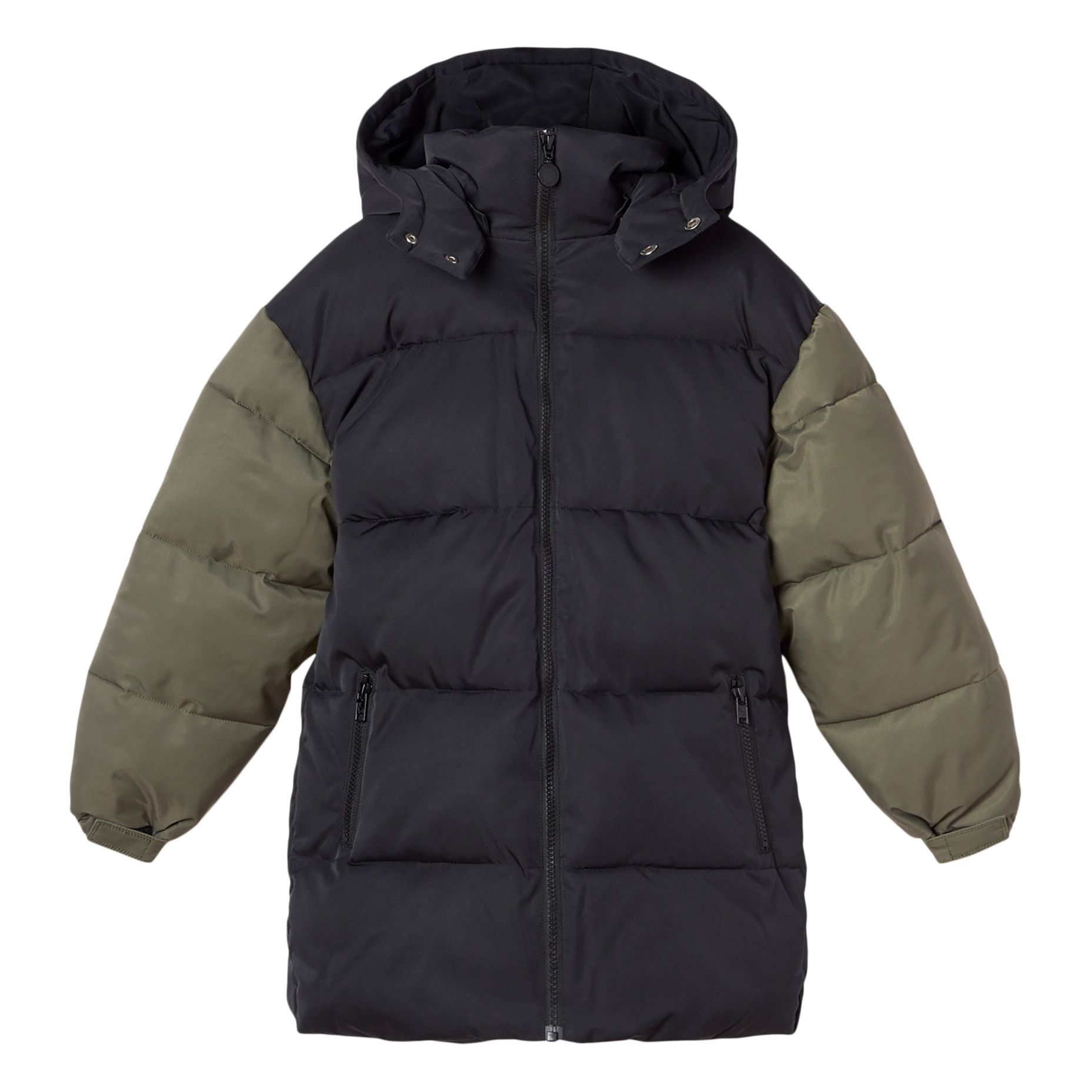 Two-Tone Long Oversized Recycled Polyester Down Jacket Black- Product image n°0