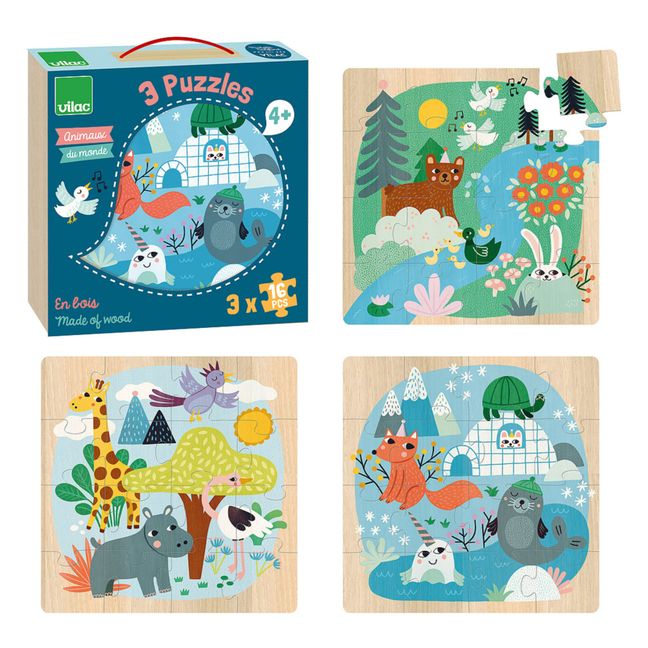 Set of 3 Puzzles - Animals of the World - 16 Pieces