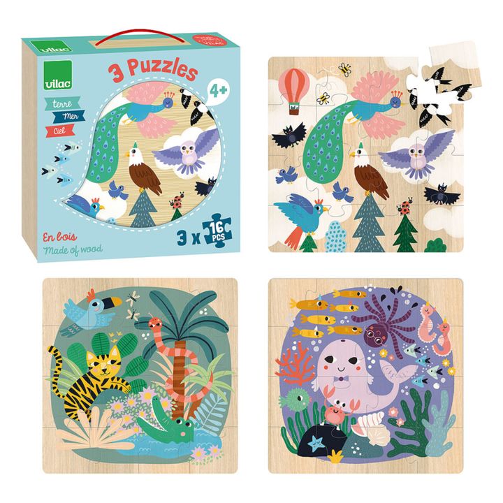 Set of 3 Puzzles - Land, Sea & Sky - 16 Pieces Vilac Toys and Hobbies  Children