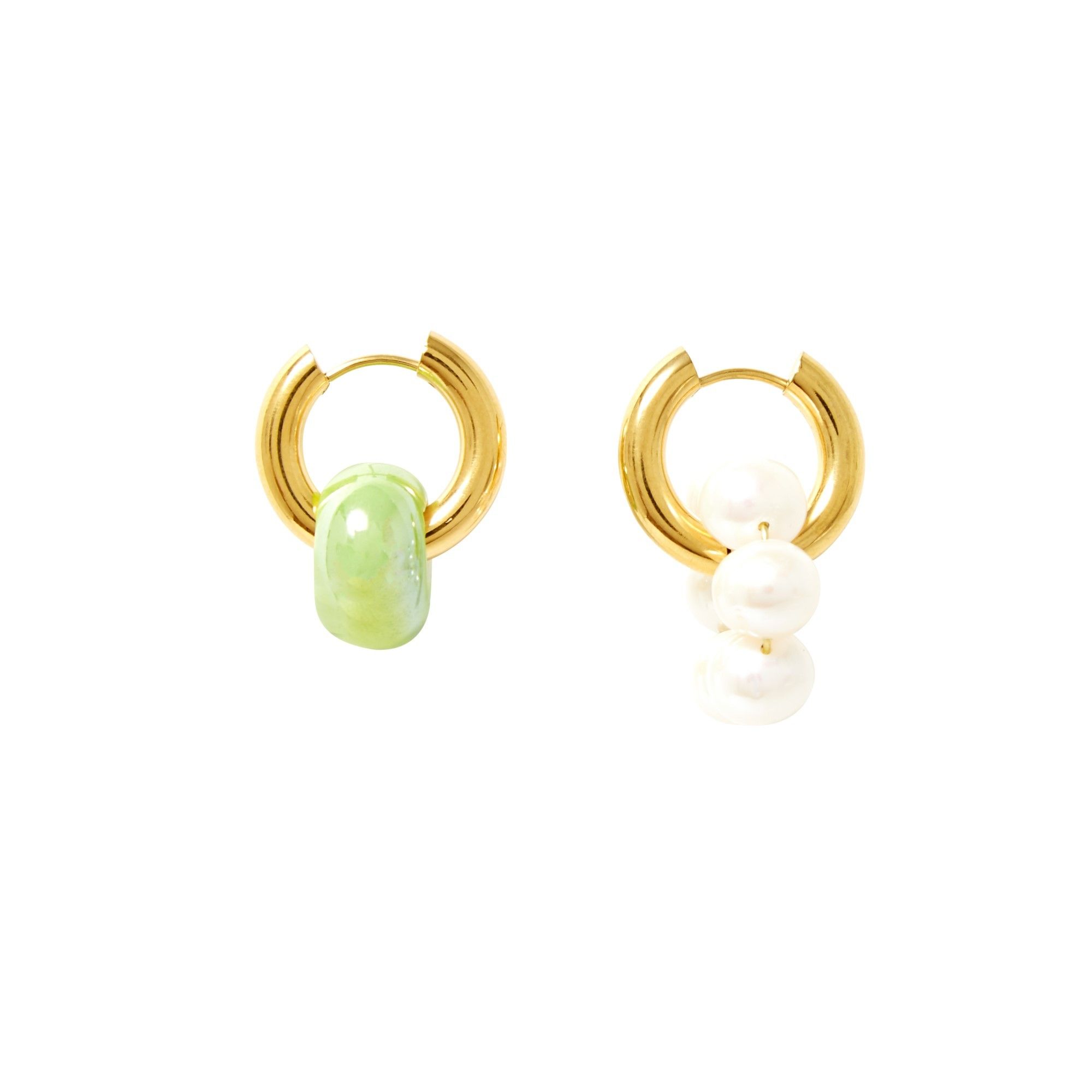 Timeless Pearly - Boucles d'Oreilles Dépareillées Perles et Donut - Femme - Vert