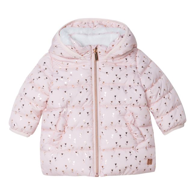 Floral Waterproof Recycled Nylon Down Jacket with Fleece Lining Pink