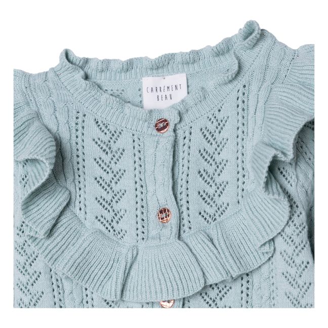 Organic Cotton and Wool Knit Cardigan with Frills Green water