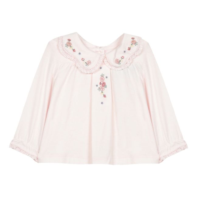 T-shirt with Embroidered Collar Pale pink