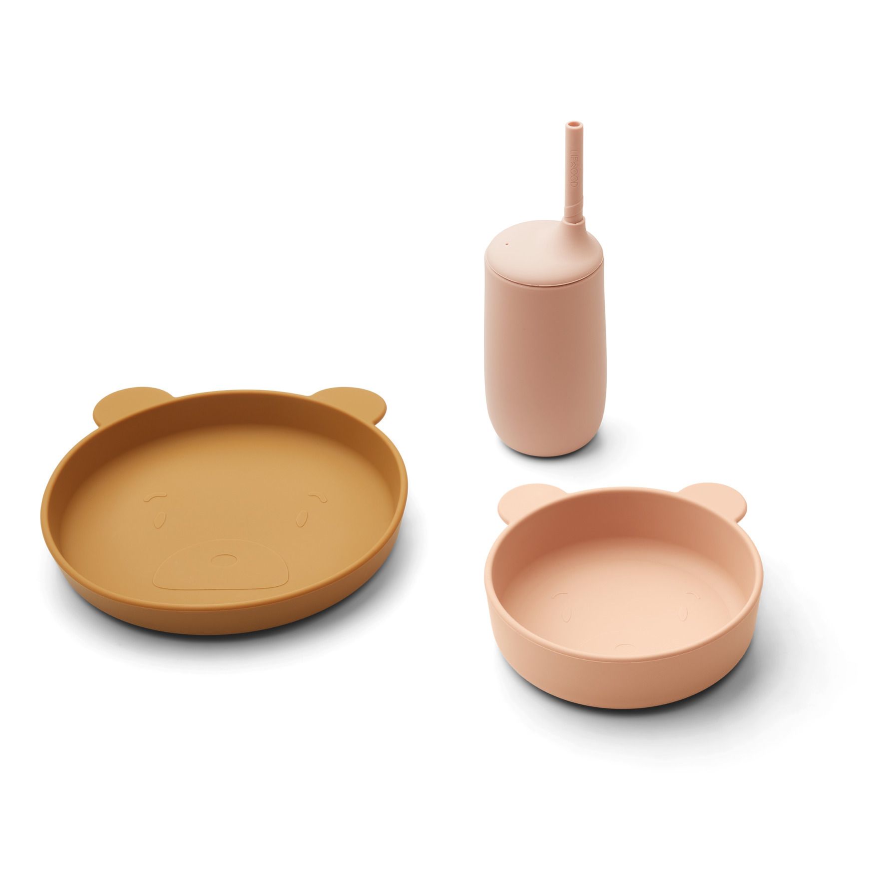 Liewood - Set assiette, bol et gobelet avec paille Nathan en silicone - Rose