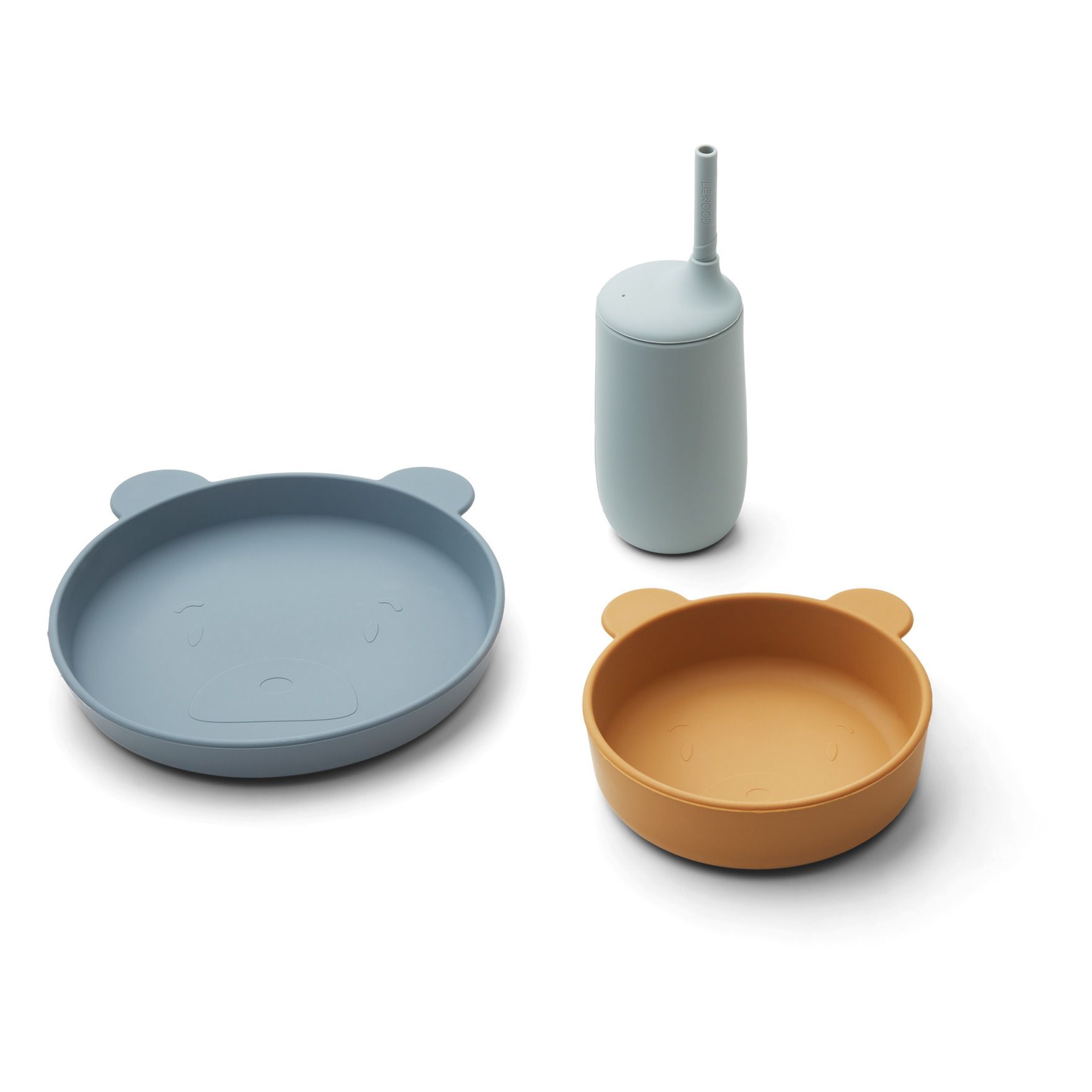 Liewood - Set assiette, bol et gobelet avec paille Nathan en silicone - Bleu