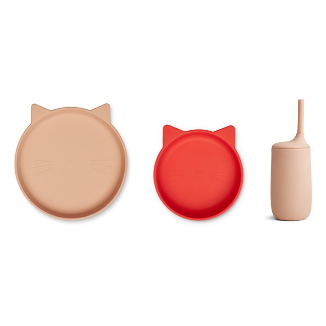 Set composto da piatto, ciotola e bicchiere, con cannuccia, modello: Nathan, in silicone | Rosso