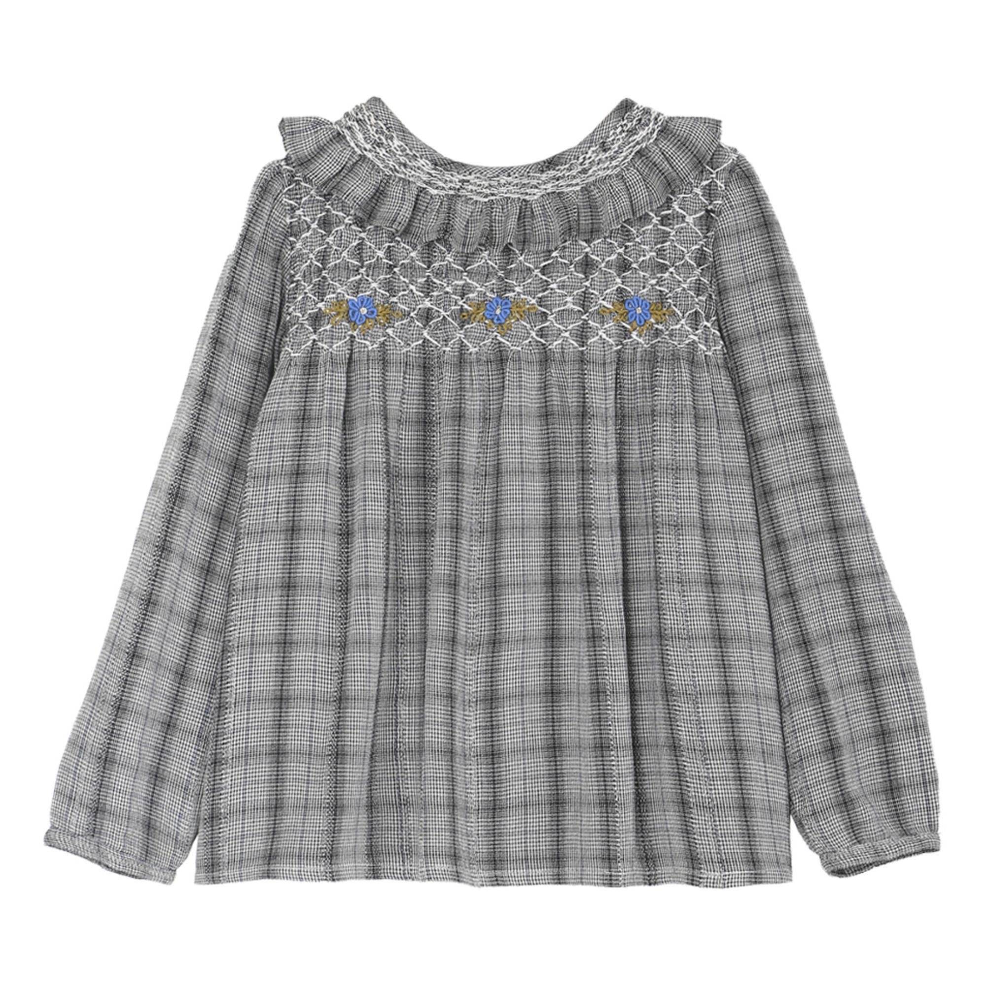 Emile et Ida - Blouse Carreaux Smockée Brodée - Fille - Gris