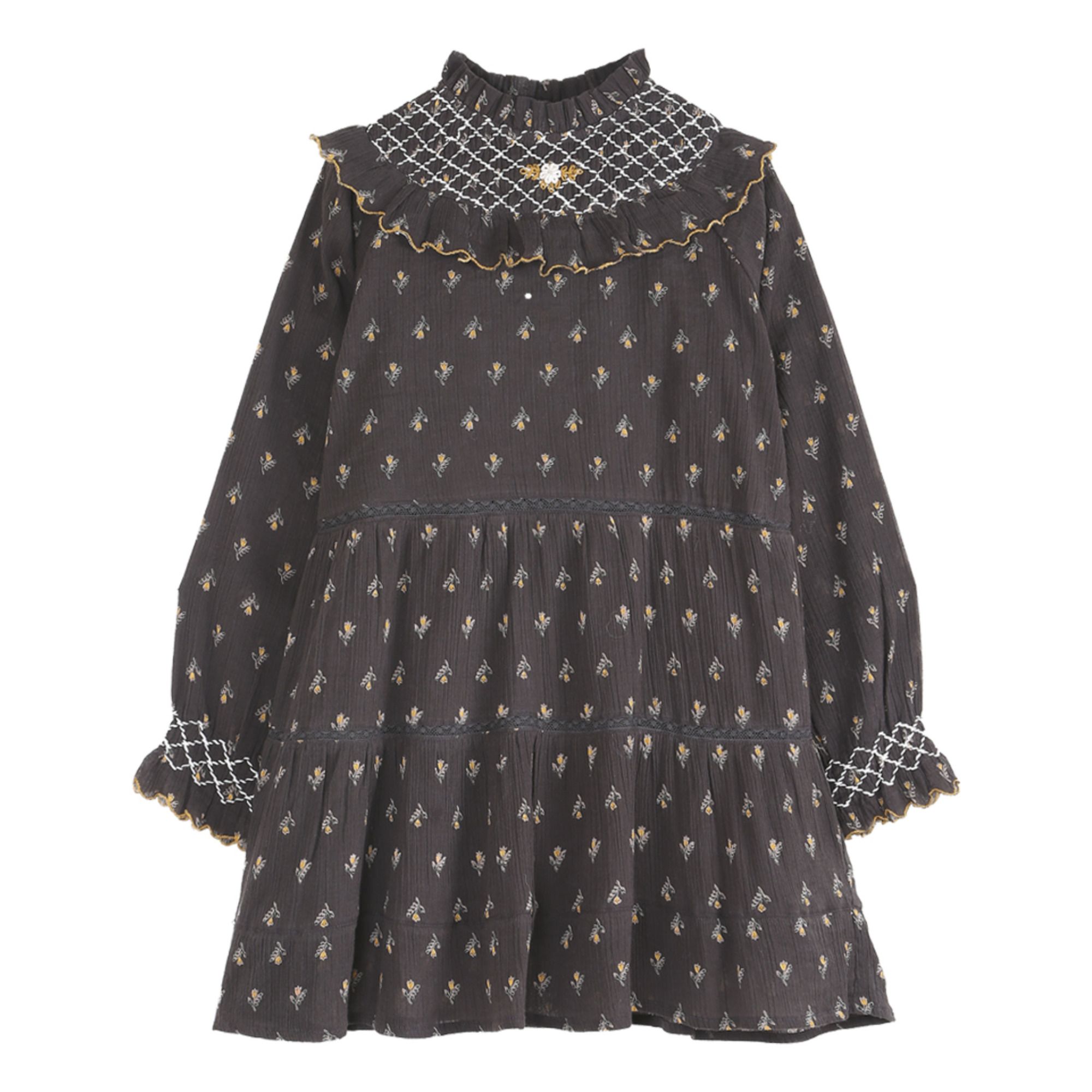 Emile et Ida - Robe Crépon Smockée Jonquilles - Fille - Gris anthracite
