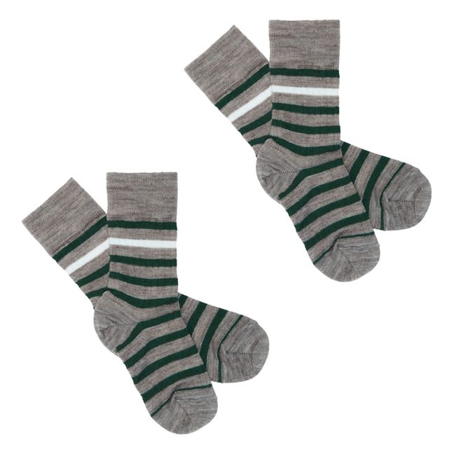 Lote de 2 pares de calcetines a rayas de lana extra fina Verde