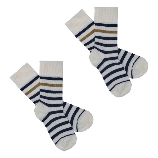 Pack of 2 Pairs of Striped Extra Fine Wool Socks Navy blue