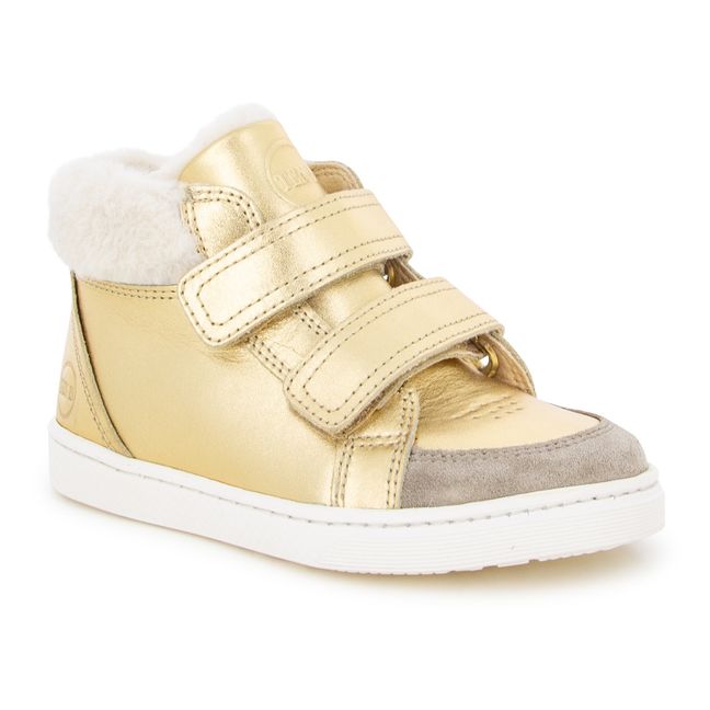 Fur-Lined Metallic Leather Sneakers Gold