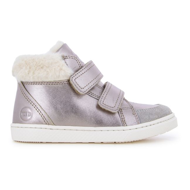 Fur-Lined Metallic Leather Sneakers Pink Gold