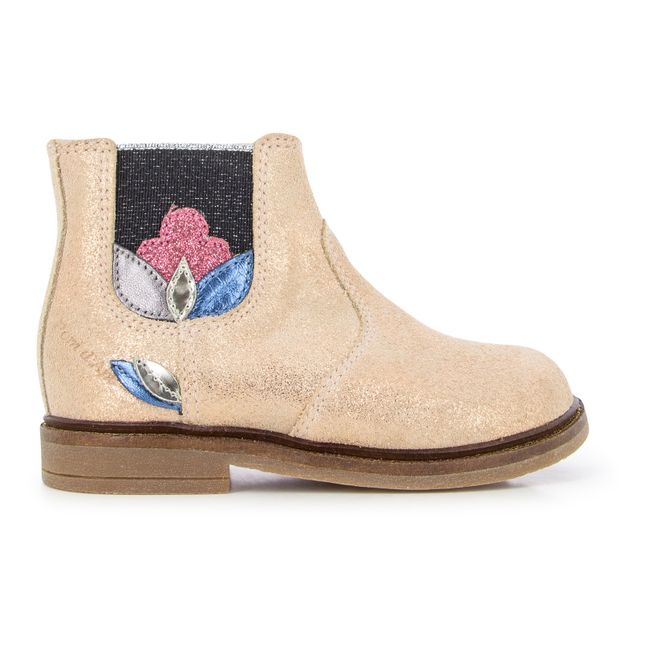 Retro Stitch Flower Zip-Up Boots Pink Gold