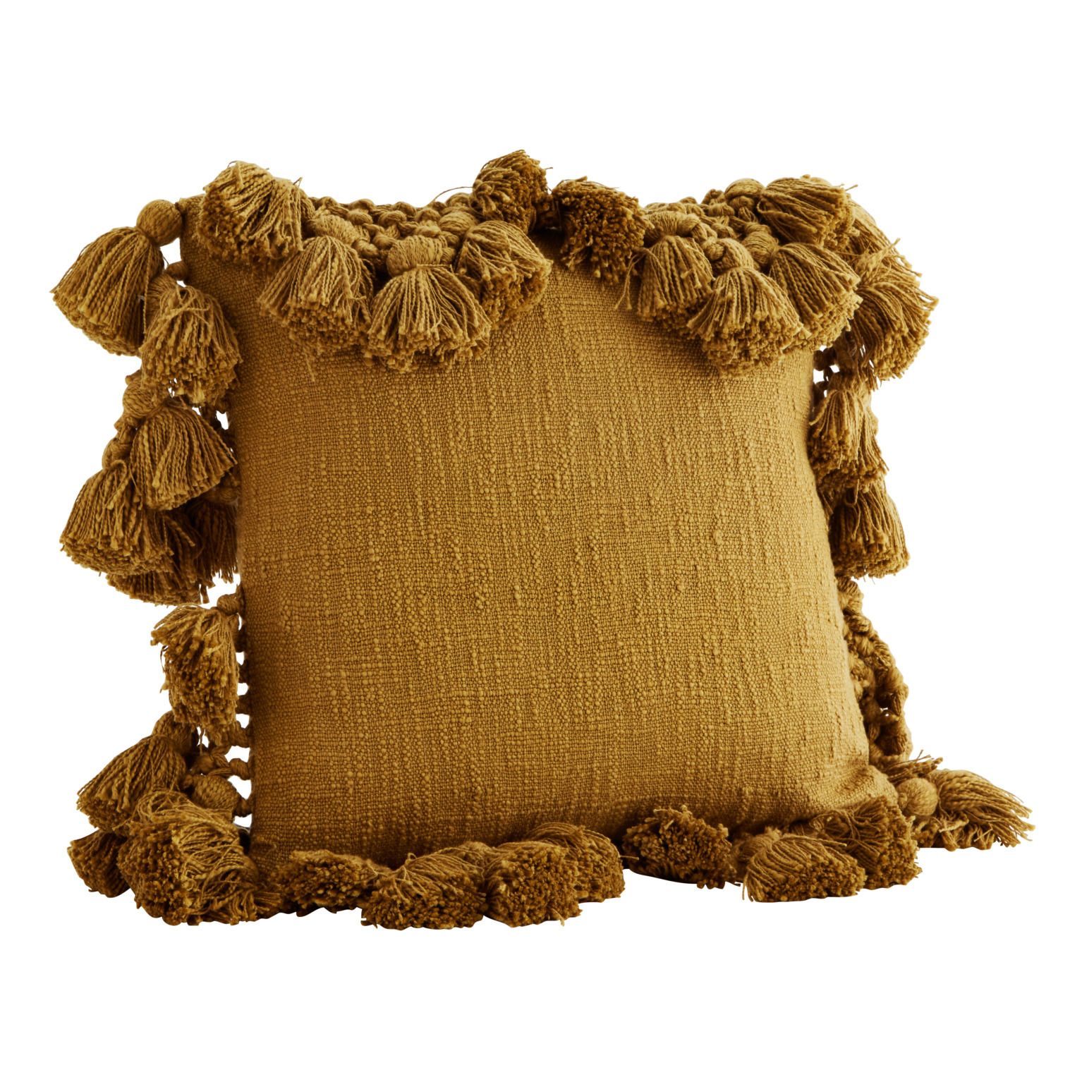 Madam Stoltz - Housse de coussin avec pompons - Camel