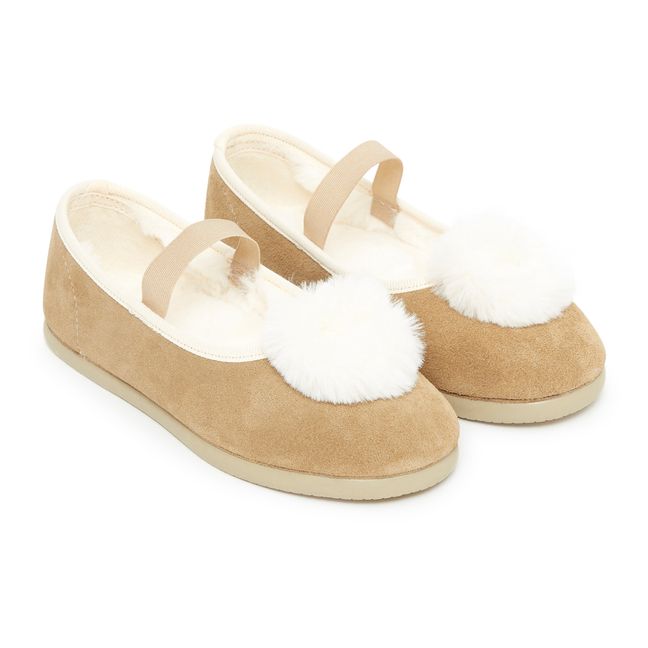 Pia Fur-Lined Leather Slippers Camel