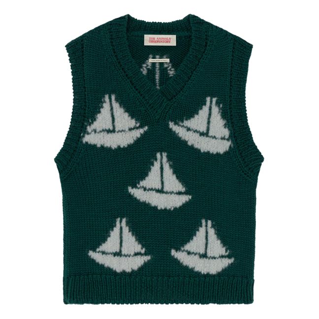 Pull con scollo a V, in lana, motivo: barche, modello: Arty Bat Verde scuro