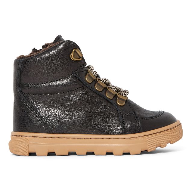 Fur-Lined Lace-Up Hiking Boots Black