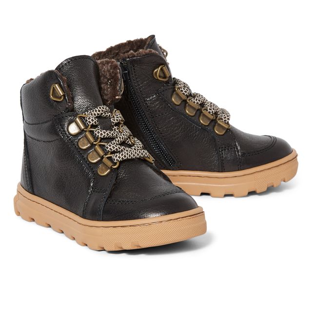 Fur-Lined Lace-Up Hiking Boots Black