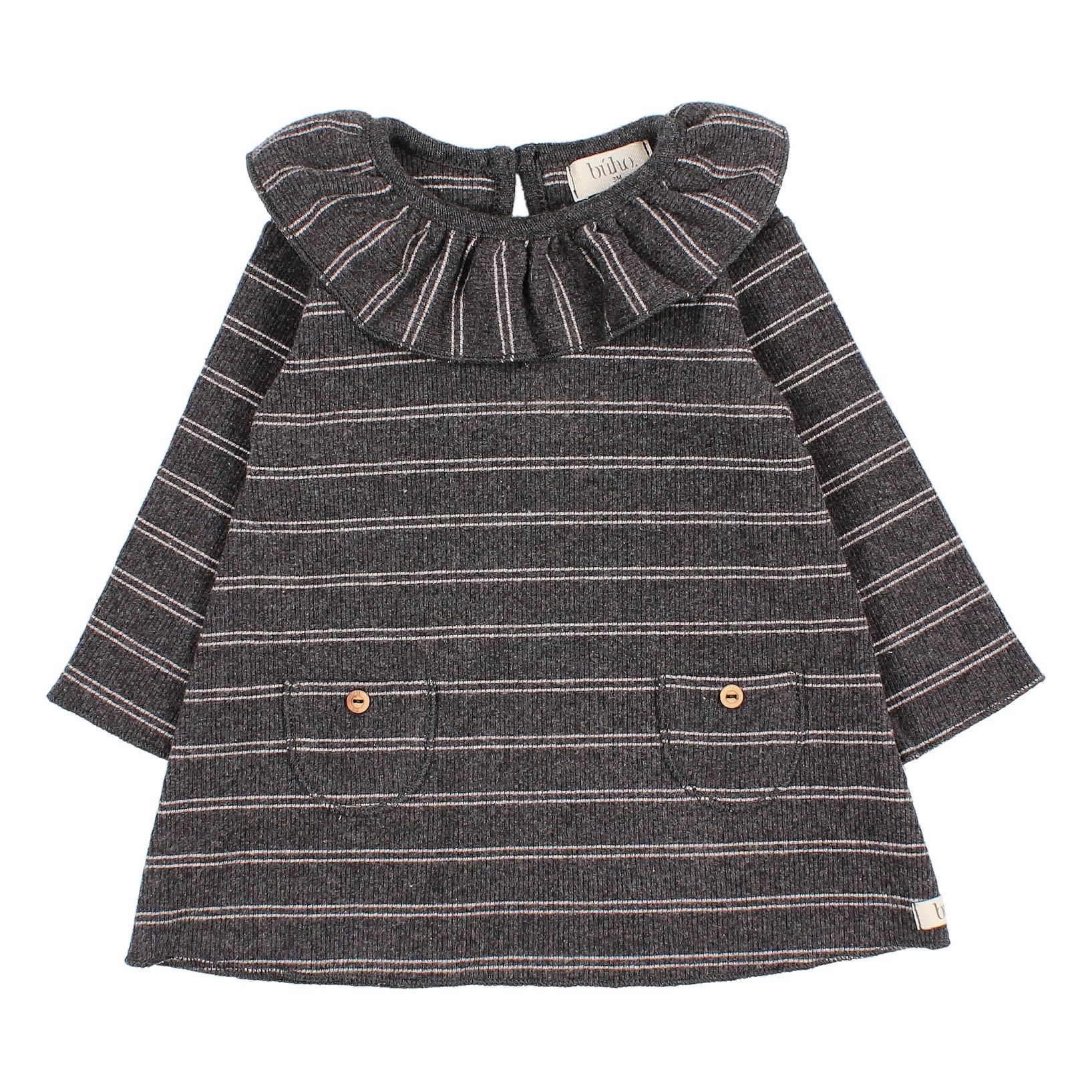 Buho - Robe Coton Recyclé Doux Rayée - Fille - Gris anthracite