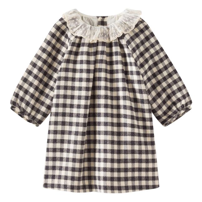 Flavili Gingham Dress with Lace Collar Navy blue